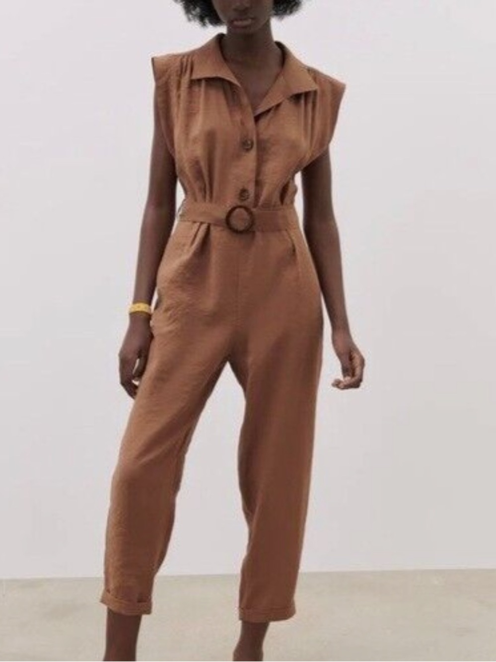 Zara Brown Sleeveless Belted Jumpsuit